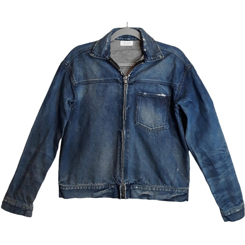 John Elliott Men's Distressed Denim Blue Zip Front Jean Jacket Medium 2